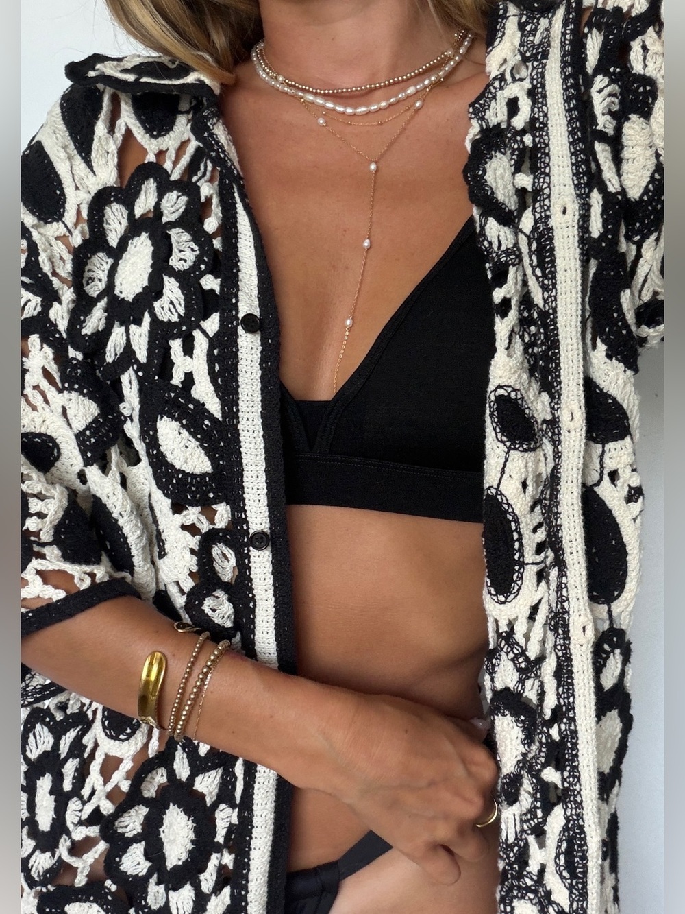 NA-KD Black & Cream Crochet Floral Top
